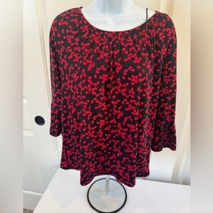 Michael Kors Black W/Red Fluttery Hearts Boho Sleeve Top. Size Medium